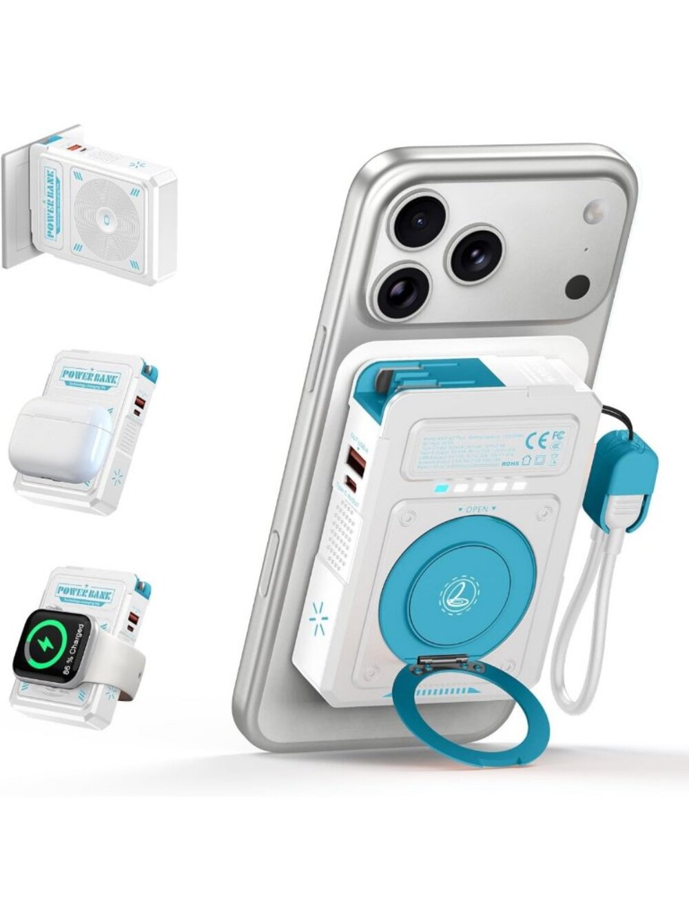 10,000mAh Portable Power Bank with Built-in Cables & Wall Plug for Fast Charging